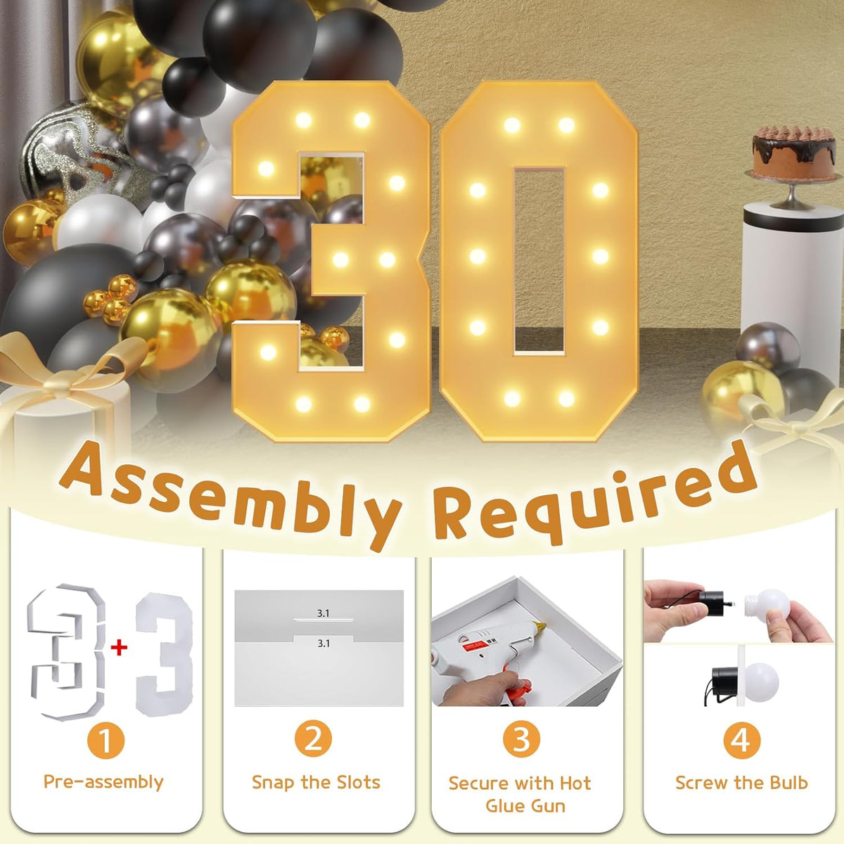 imprsv 4FT Light Up Numbers, Marquee Numbers 30th Birthday Decorations for Women, Men Foam Board