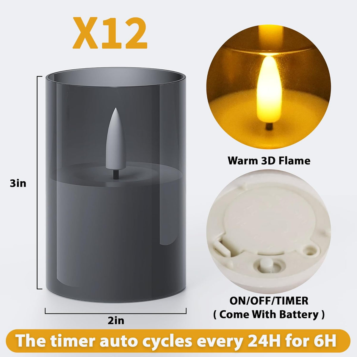 12Pack Flickering Flameless LED Candles with Timer, Battery Powered - Small Pillar & Votive, Black