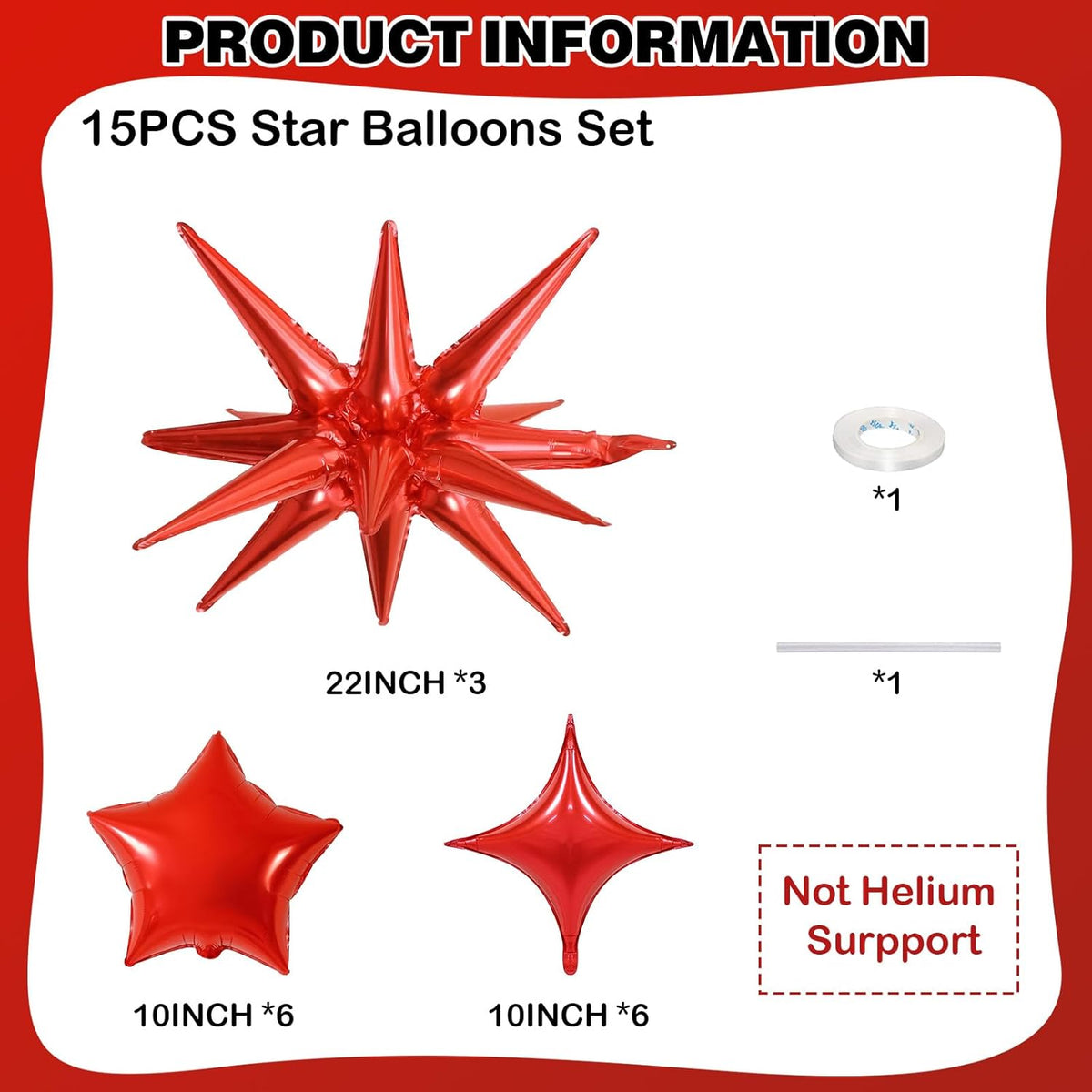 Red Star Balloons, 22in Large Star Balloons Foil 10in 4-Pointed & Red Pentagram Balloon for