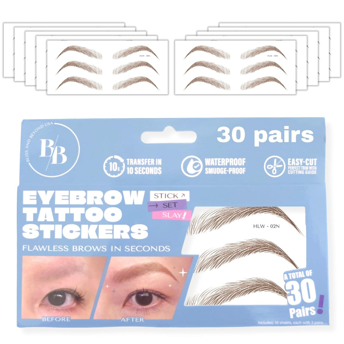 Bliss and Beyond USA Eyebrow Tattoo Stickers Waterproof – 30-Pair Deluxe Box | Realistic Hair-Like
