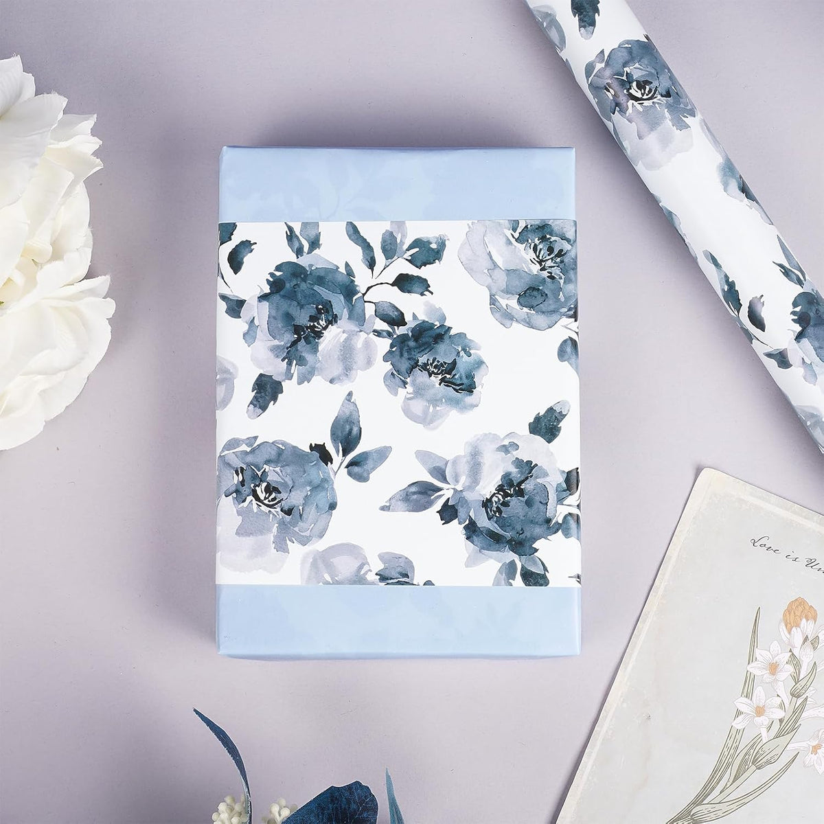 RUSPEPA Reversible Floral Wrapping Paper for Girls Women, Mini Roll, Watercolor Blue Floral and
