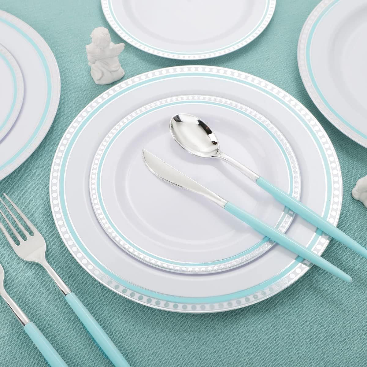 COLOSUS 125pcs Disposable Silver Blue Plastic Plates and Silverware .Light baby blue dinnerware
