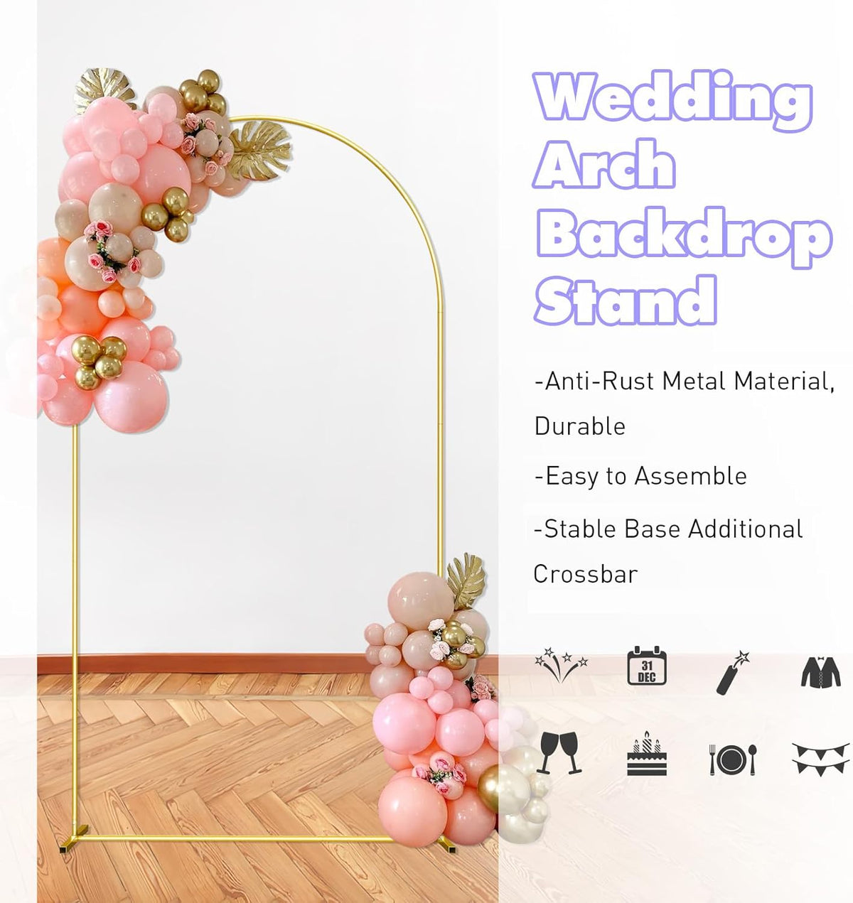 Wedding Arch Backdrop Stand 6FT Gold Wedding Balloon Arched Backdrop Stand Square Arch Frame for