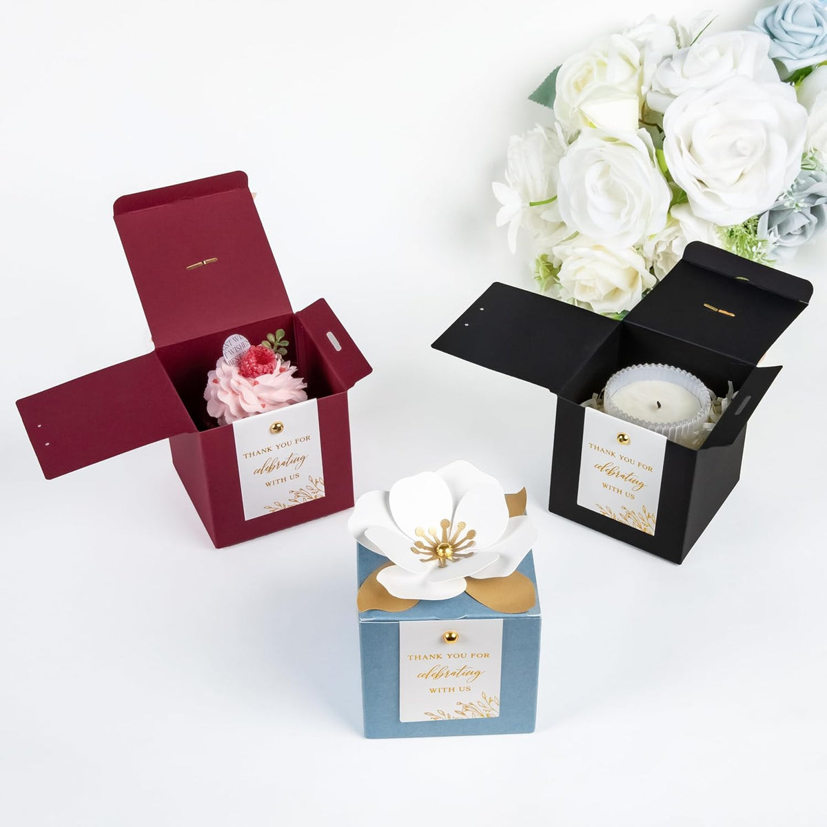 FEIYI 20 PCS Black Gift Boxes, 3 In 1 Favor Boxes with Floral Decor, White Thank You Tags Cupcake