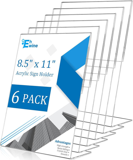 EHWINE 6 Pack 8.5 x 11 Acrylic Sign Holder, Clear Plastic Signs Display Stand, Vertical Slanted