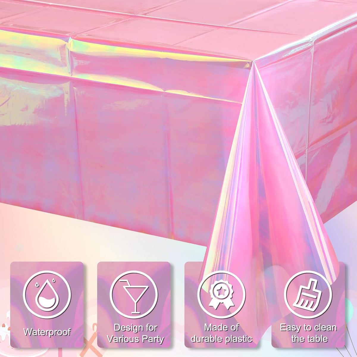 3 Pack Iridescent Plastic Tablecloth, Shiny Disposable Laser Rectangle Table Covers, Holographic