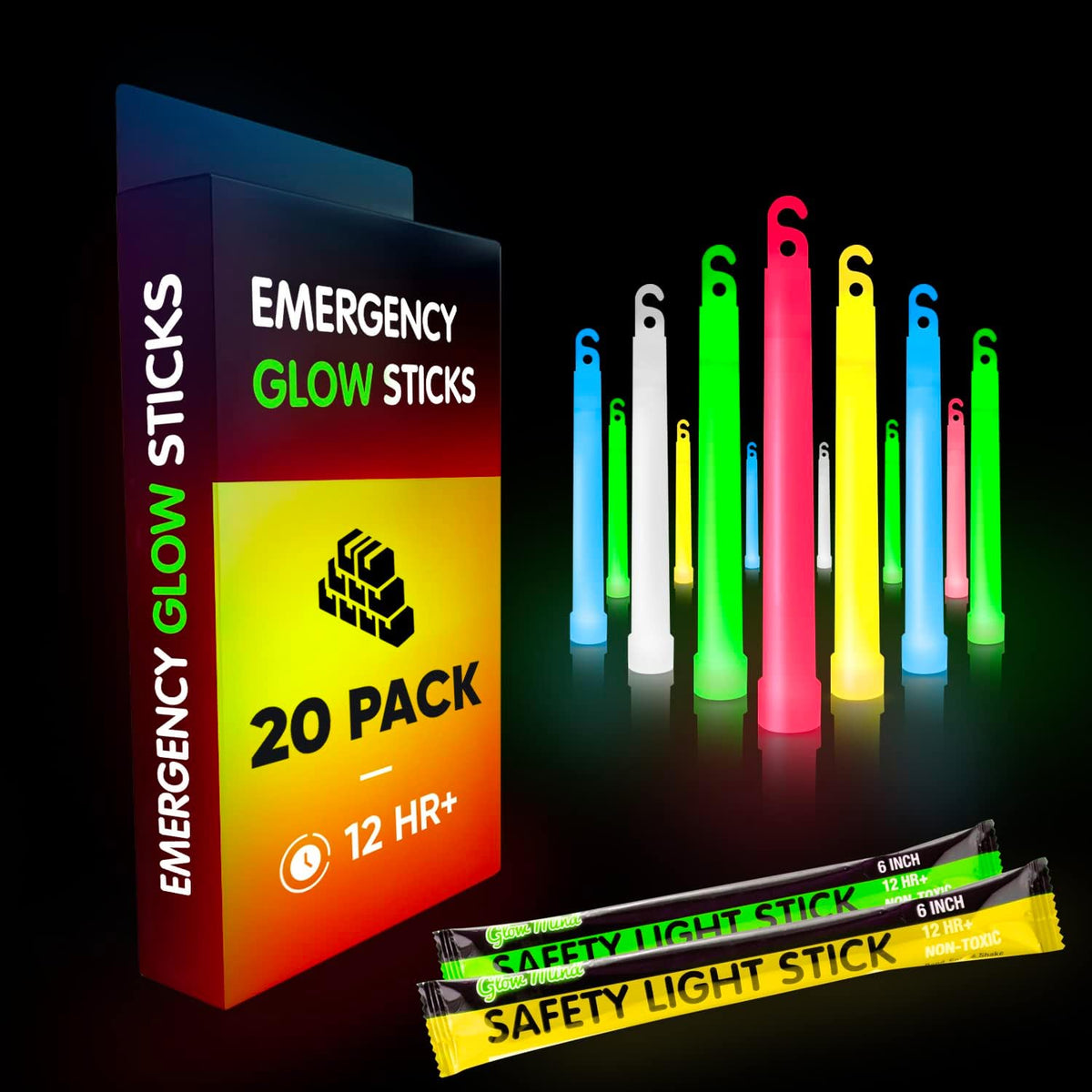 Emergency Glow Sticks with 12 Hours Duration, Individually Wrapped Industrial Grade Glowsticks for