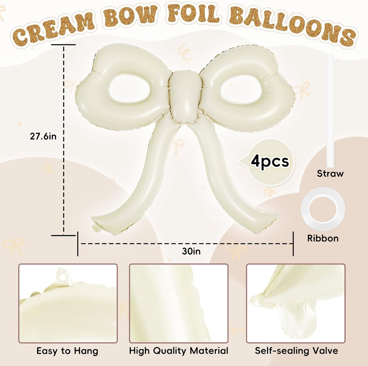 4 Pcs Bow Birthday Decorations Cream Bow Balloons for Girl Women Bow Themed Party Decorations Giant