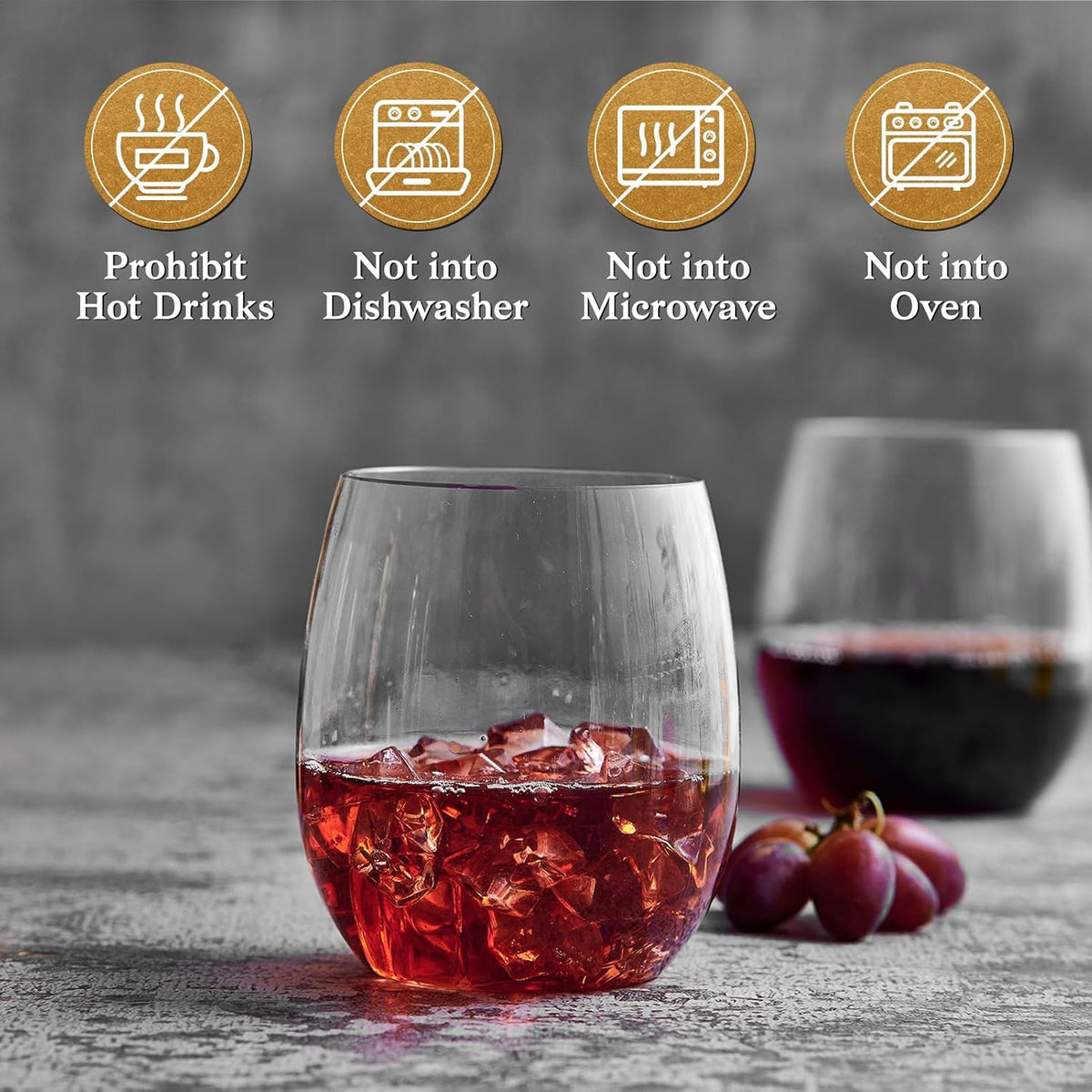 FOCUSLINE 32 Pack Plastic Wine Glasses Stemless, 12 Oz Crystal Clear Disposable Wine Cups, Reusable