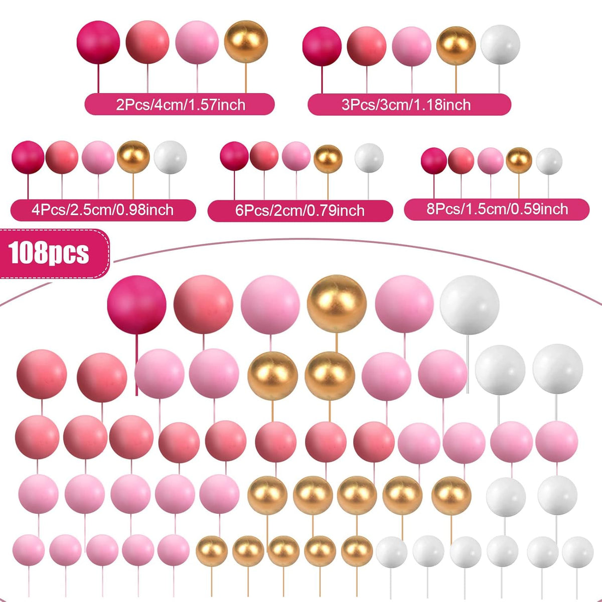 108 Pcs Balls Cake Topper DIY Cupcake Insert Foam Balloons for Cake Baking Wedding Anniversary