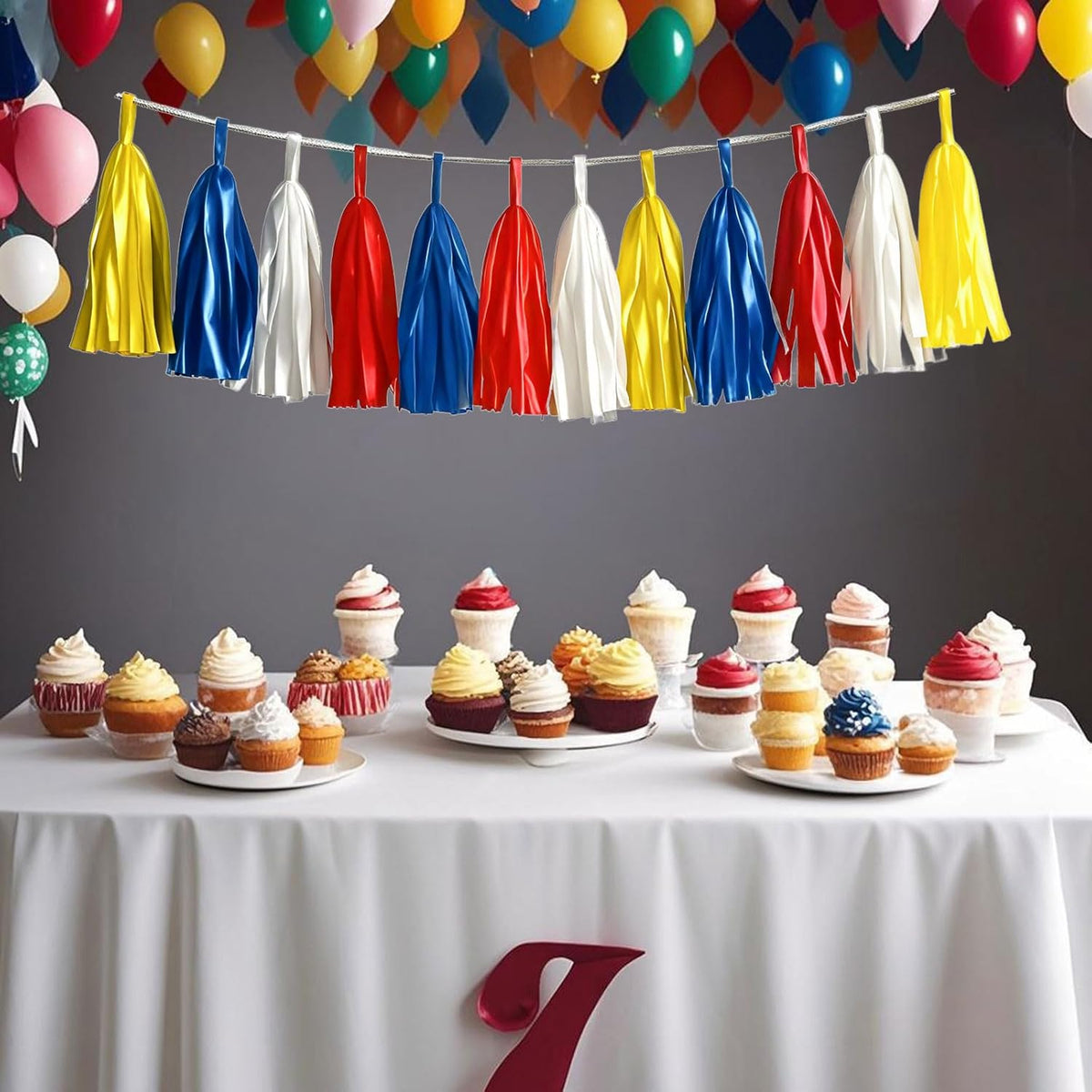 Tissue Paper Tassel Garland Banner, 20 Pack, Red Blue Yellow White, Party Decorations for Birthday