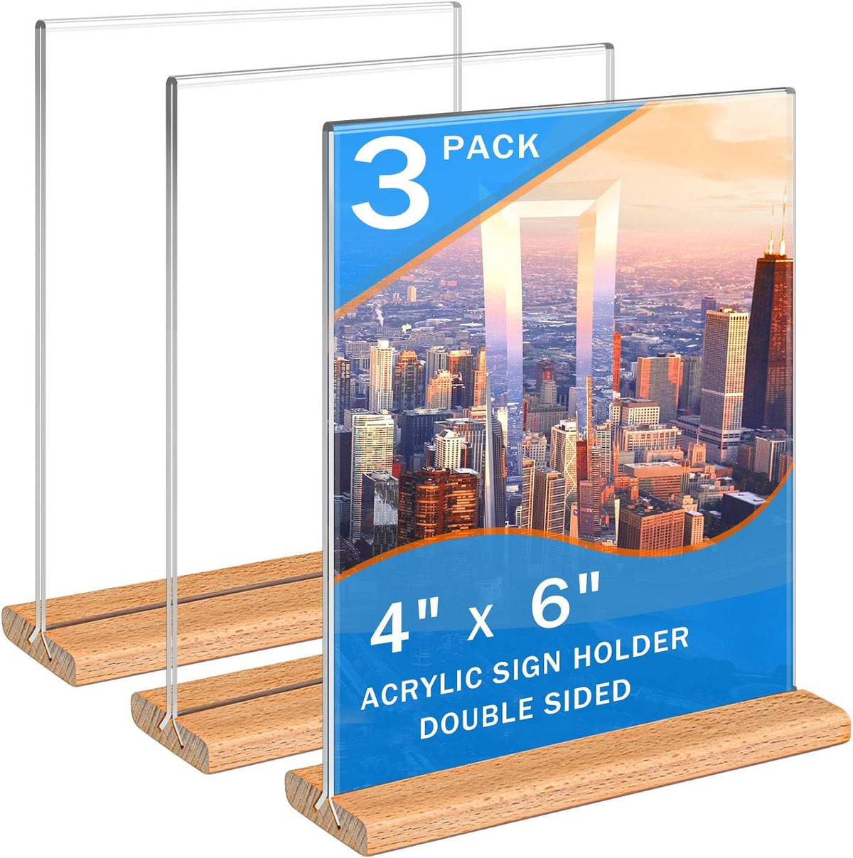 Kersally Acrylic Sign Holder 4 x 6, 3 Pack Double-Sided Clear Table Display Stands with Wood