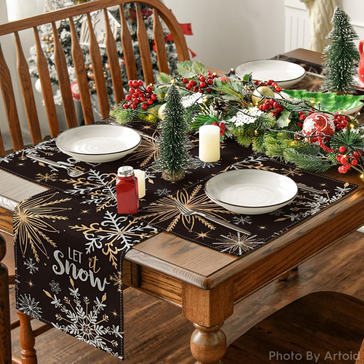 Artoid Mode Black Snowflake Let It Snow Winter Placemats Set of 4, 12x18 Inch Seasonal Christmas