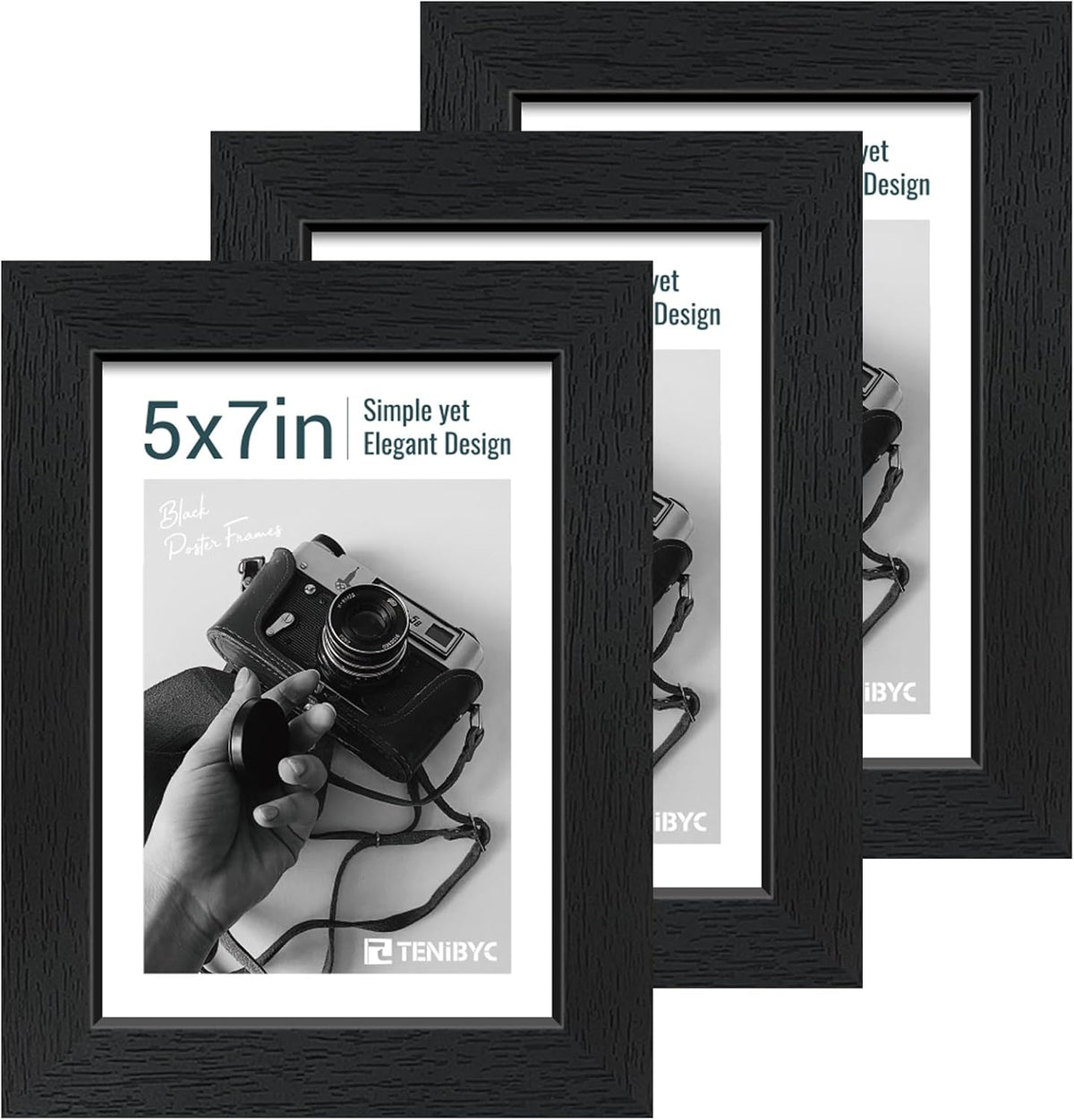 5x7 Picture Frame 3 Pack - Black Woodgrain, Solid Wood & HD Tempered Glass, Table Display or Wall
