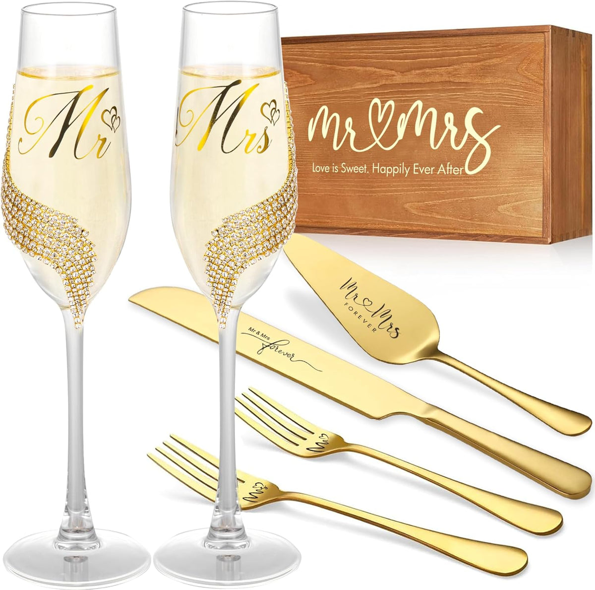 Wedding Cake Knife and Server Set, Gold Mr and Mrs Champagne Flutes and Cake Cutting Set for