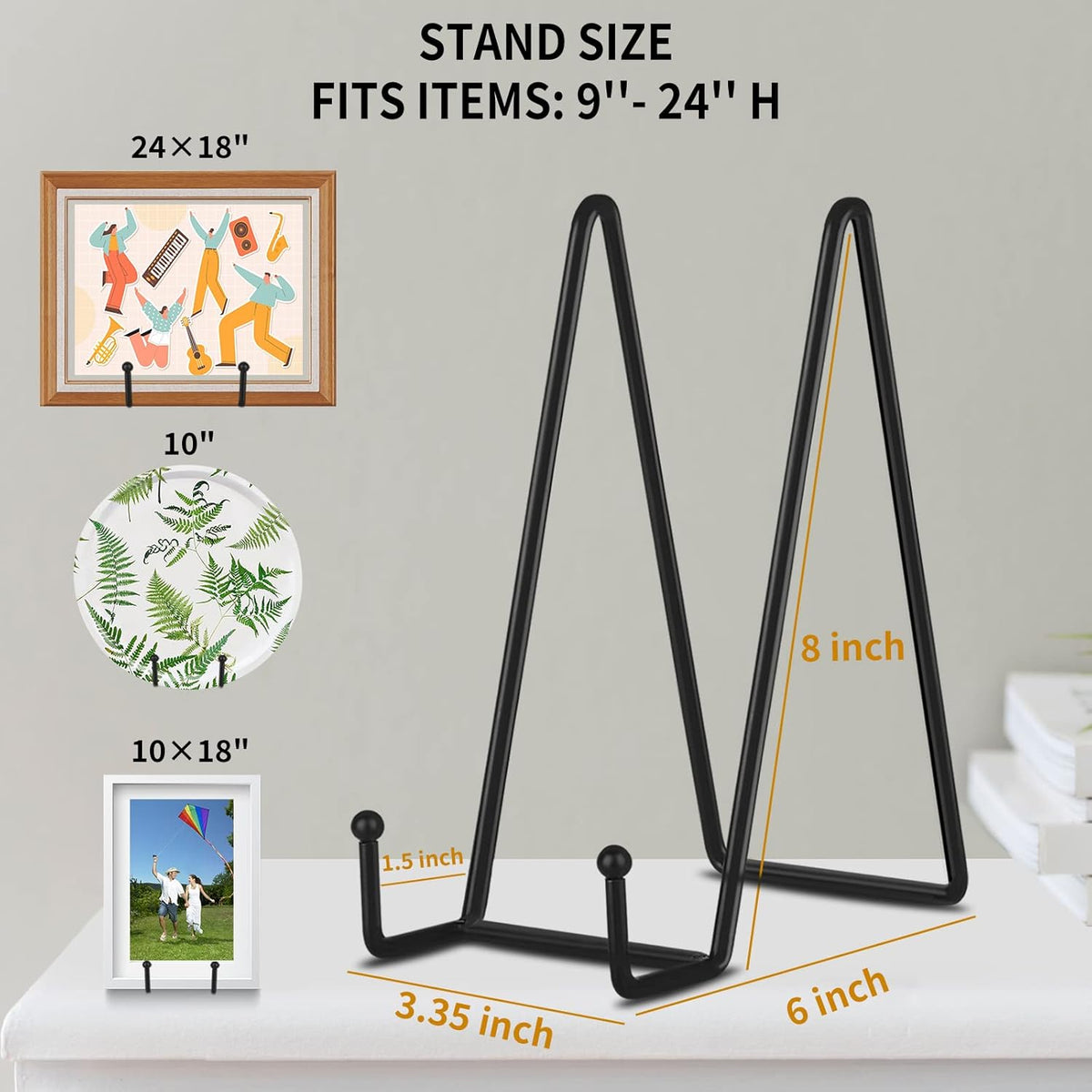 Decolore 8 Inch 3 Pack Black Metal Plate Holder Display Stands for Picture, Decorative Plate, Book