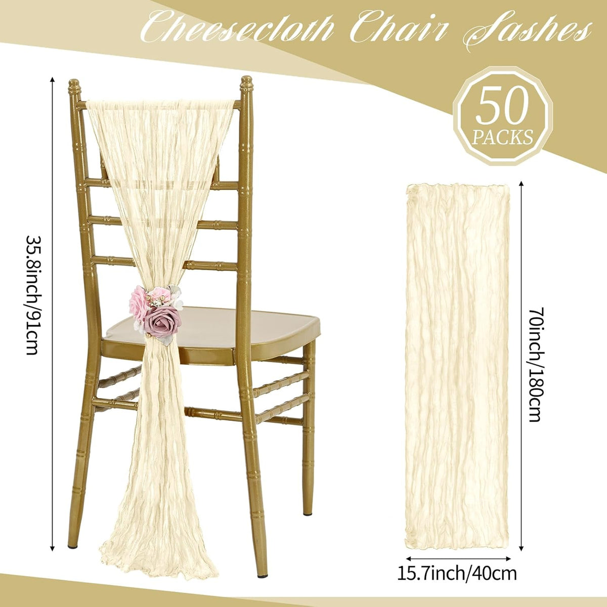 50 PCS Cheesecloth Chair Sashes, Bows Designed ChairSashes, 15.7x70 inch Chair Sashes for Aisle