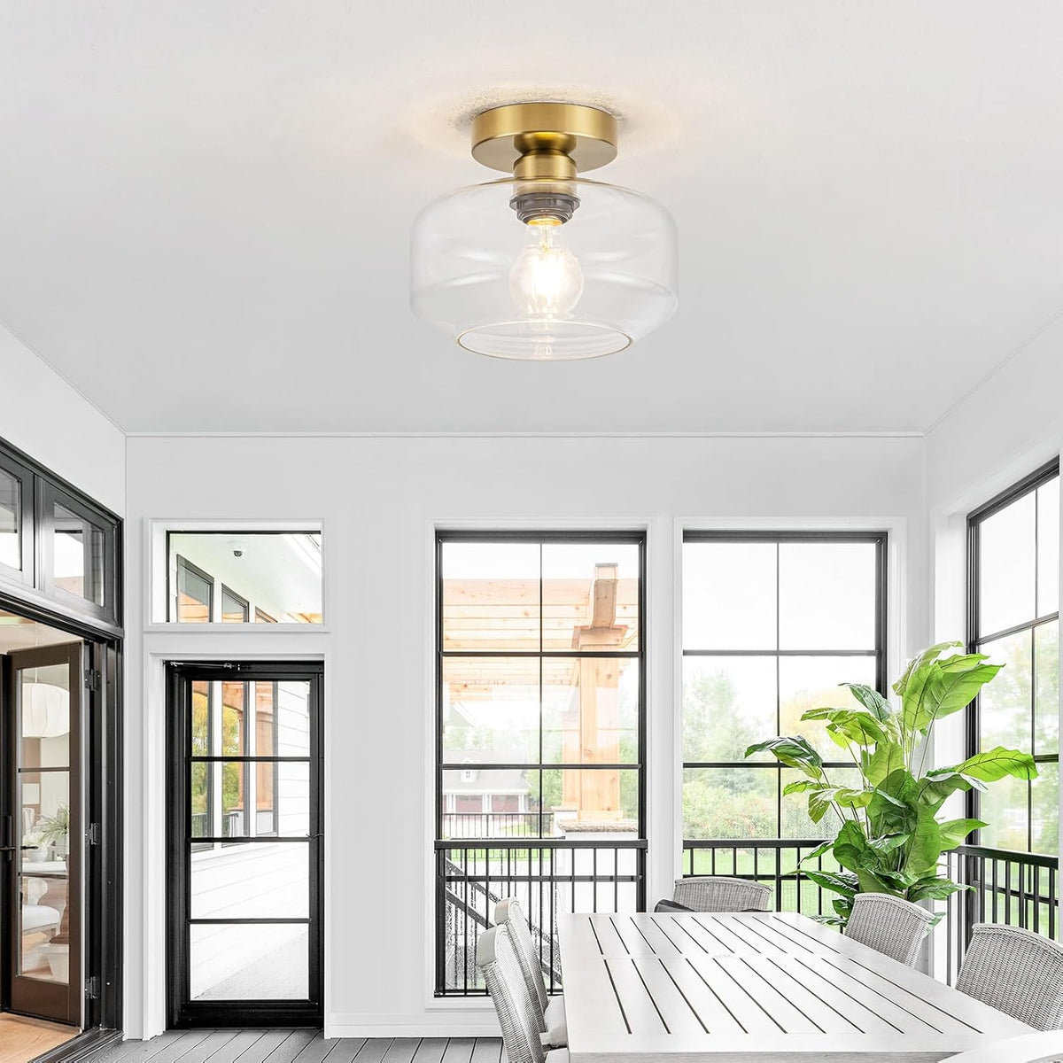 Golden Semi Flush Mount Ceiling Light - Includes 900LM Bulb (60W Eqv) - Clear Glass & Brass Fixture