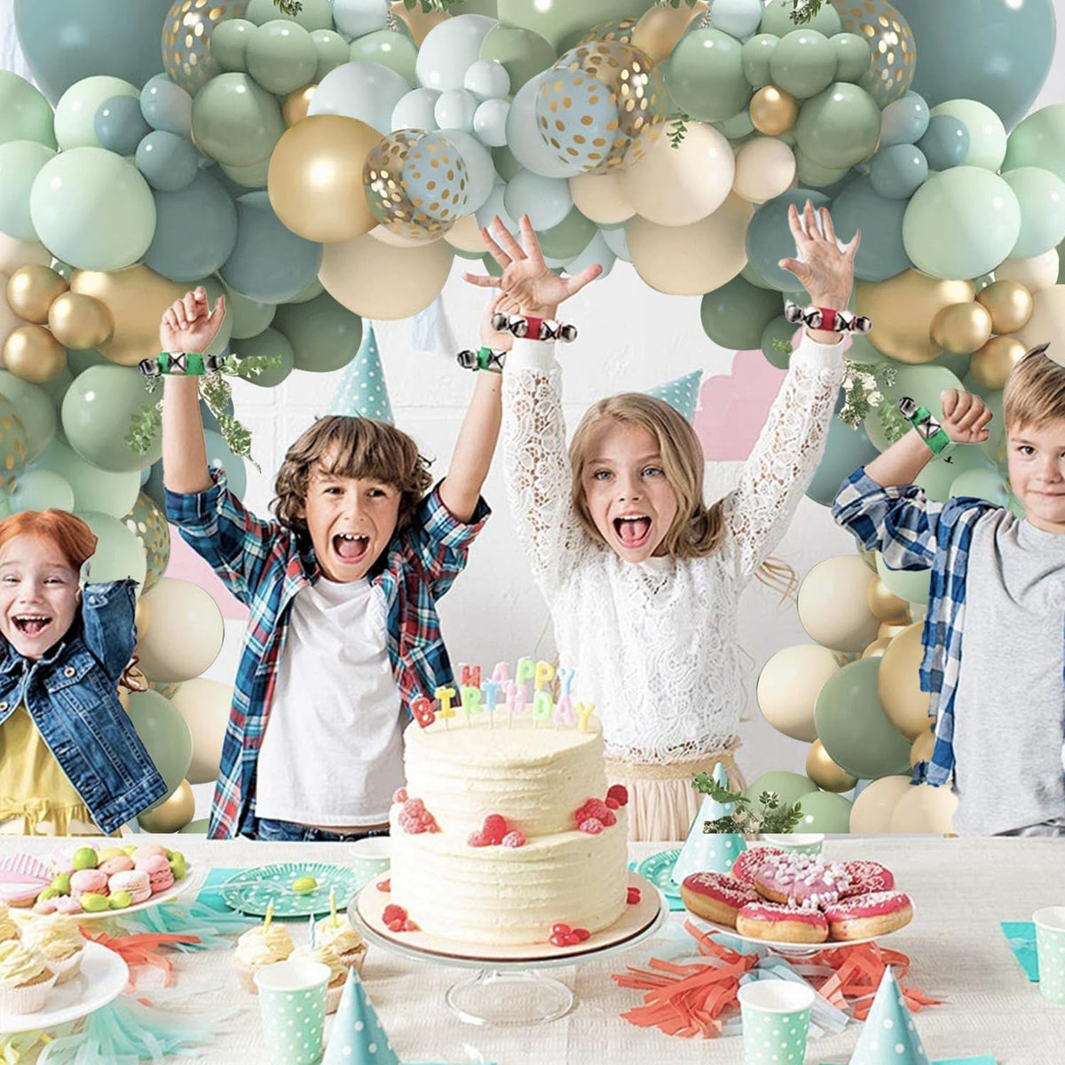 Dusty Blue Sage Green Balloon Arch Kit, Pastel Blue Green Sand White Gold Confetti Balloons Garland