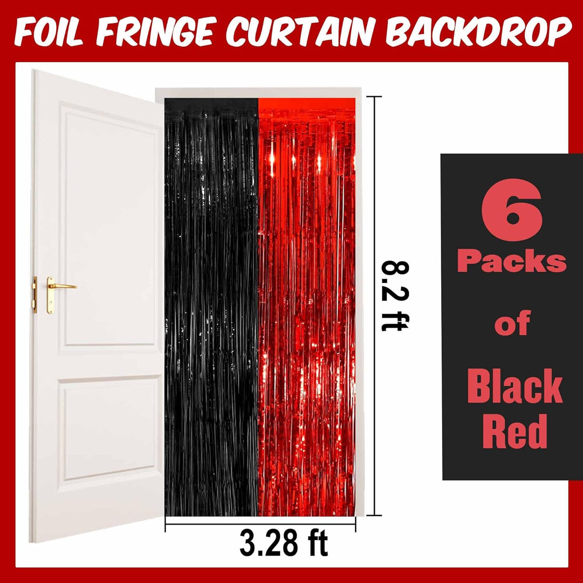 6 Pack Black and Red Foil Fringe Curtains Backdrop, 3.28 x 8.2 Ft Metallic Streamers Tinsel