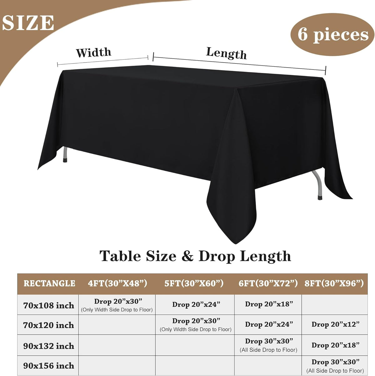 Fitable Black Tableclothes for Rectangle Tables, 6 Pack - 90 x 156 Inch - Reusable and Elegant