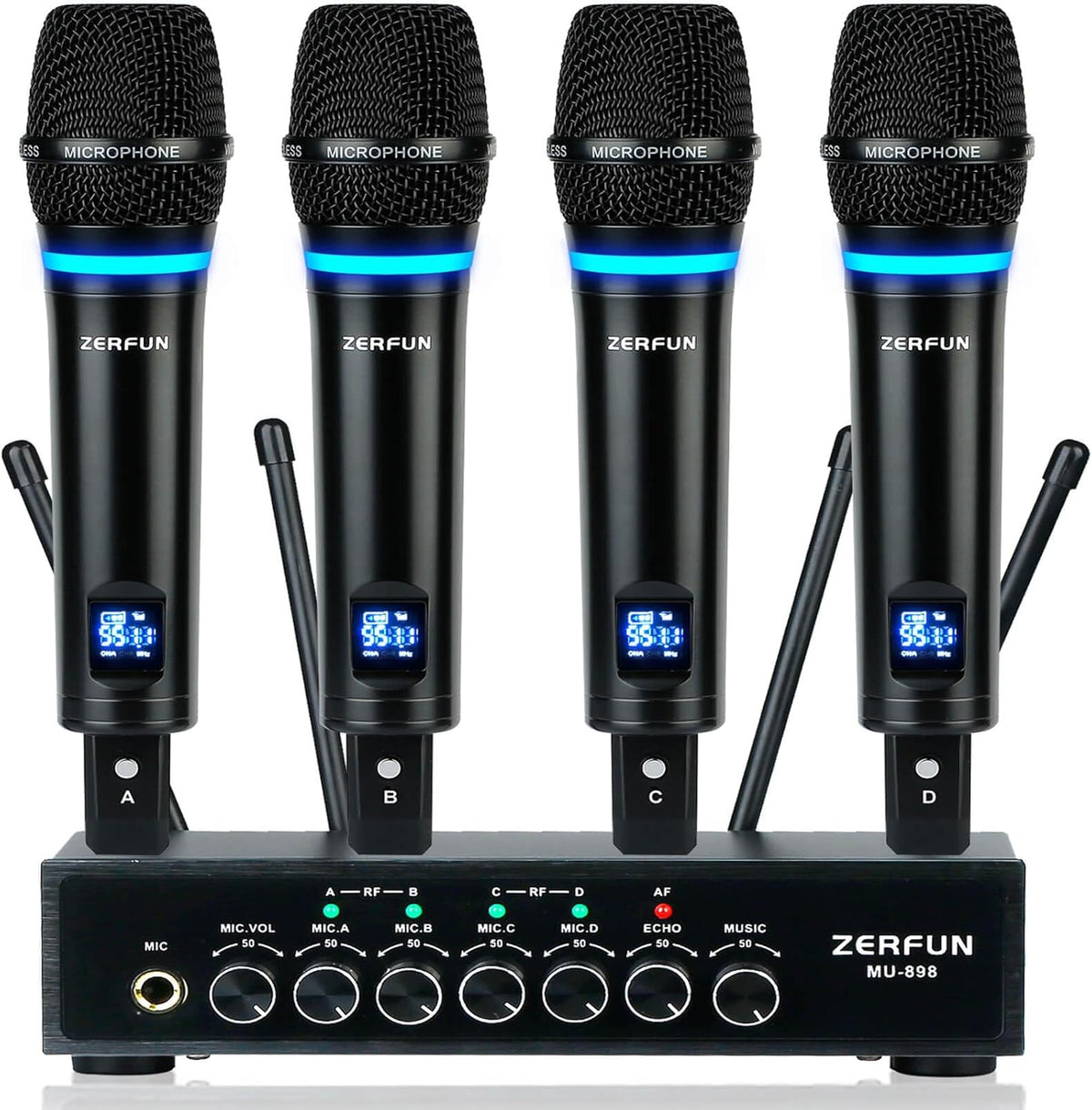 4 Channel Rechargeable Wireless Microphone System, Pro UHF Metal Handheld Wireless Microphones