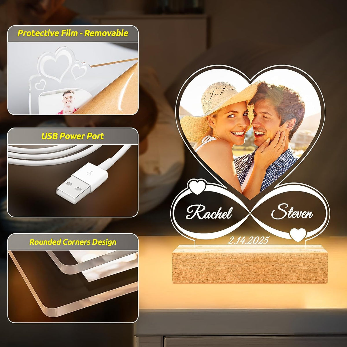 Custom Picture Frames with Photo, Customized Photo Frame with Night Light, Personalized Picture