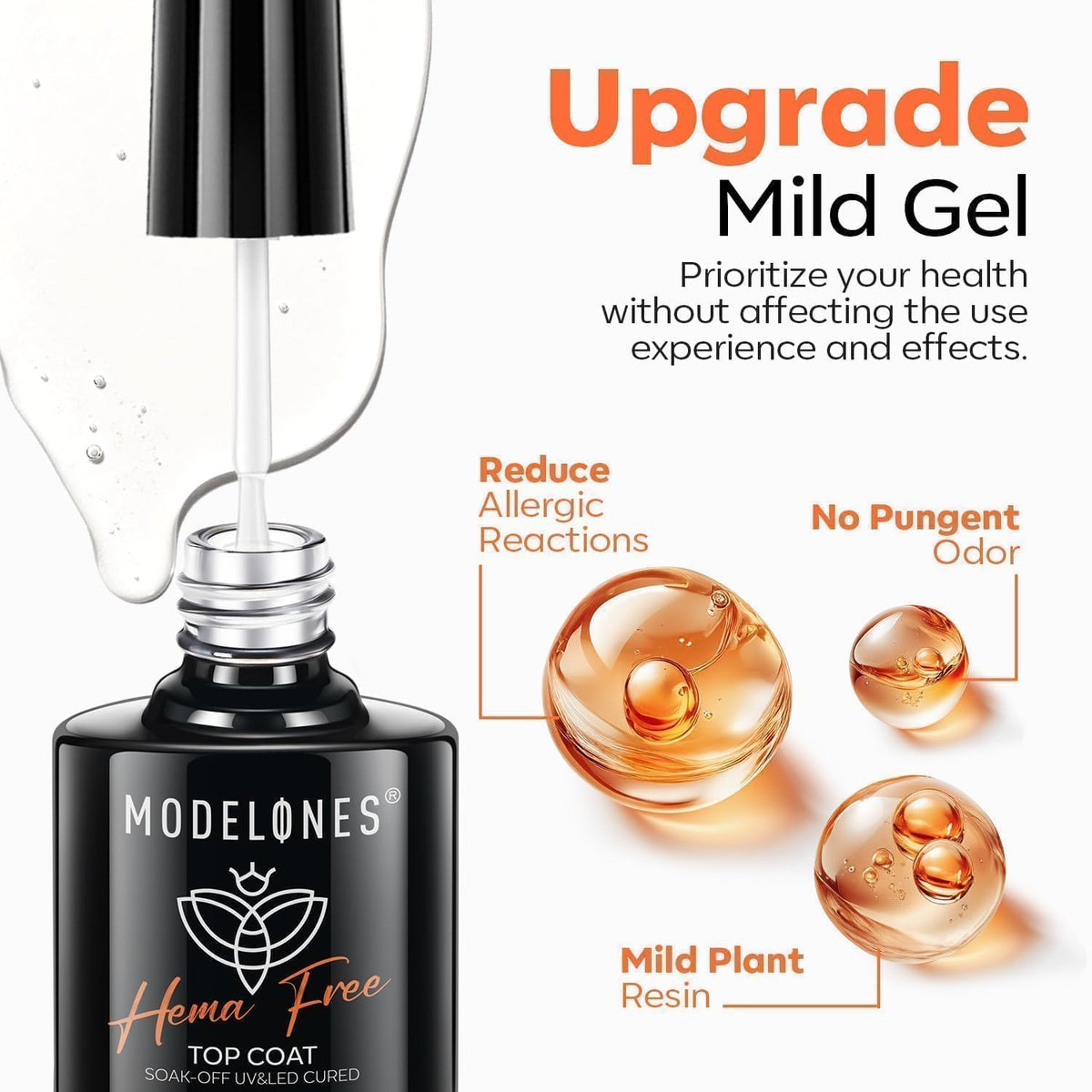 modelones No Wipe Gel Top Coat and Base Coat Set, 2 Pcs Clear Glossy Hema Free Base Top Coat Gel