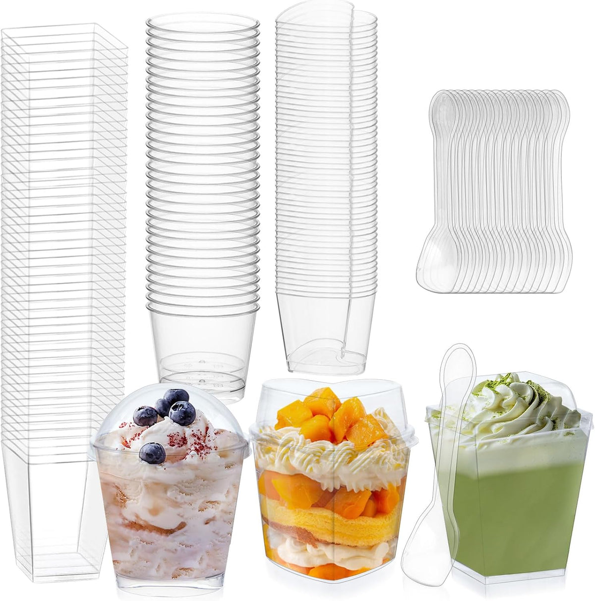360 Pack 5oz 6oz Dessert Cups with Lids and Spoons, 3 Styles Clear Plastic Appetizer Cups for