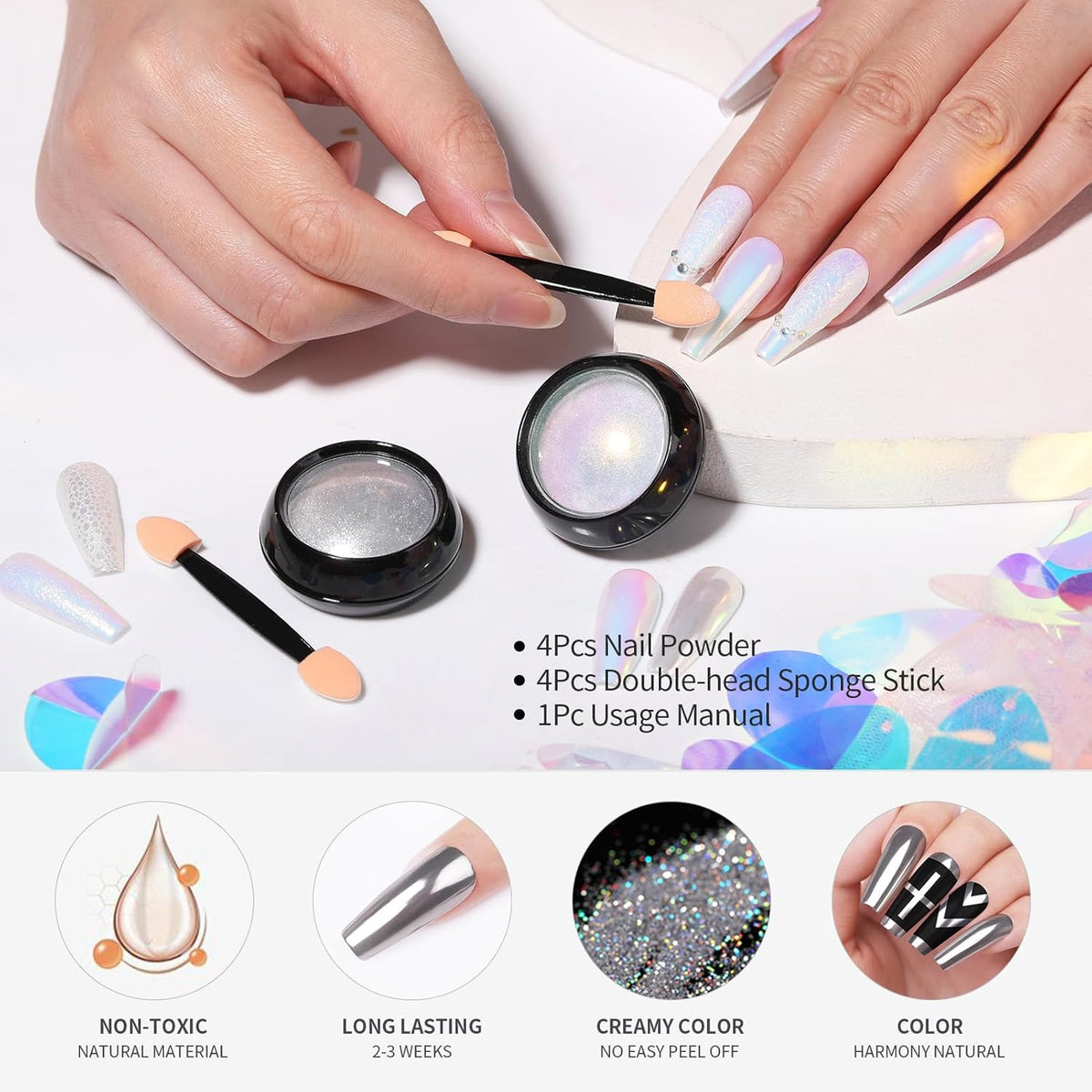 Born Pretty Chrome Nail Powder Metallic Mirror Effect Pigment Iridescent Mermaid Pearl Auroras Nail