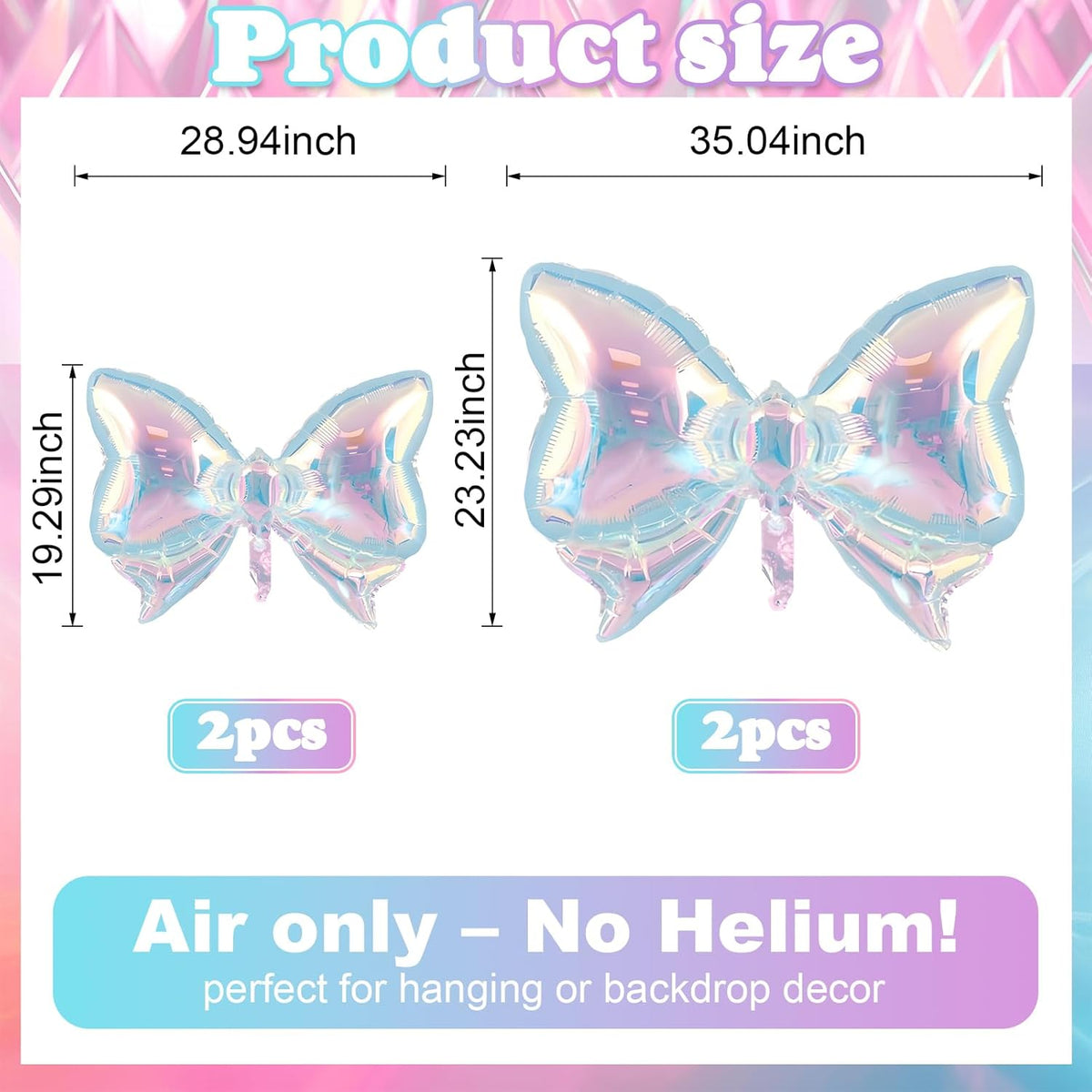 4Pcs Iridescent Foil Balloons, Iridescent Bow Foil Balloons, Rainbow Bow Holographic Clear Foil