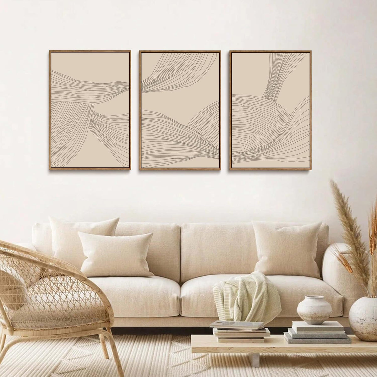 myusuar 3 Piece Large Modern Abstract Canvas Framed Wall Art For Living Room, Beige Minimalist Wall