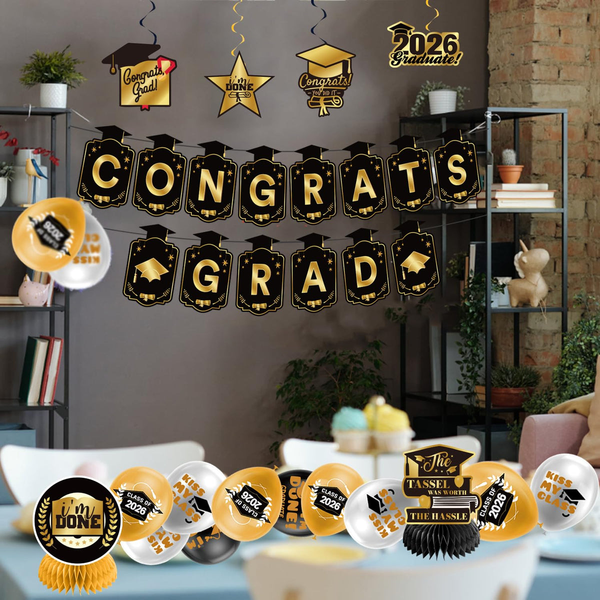 Graduation Decorations 2026 Gold Themed Set - Congrats Grad Banner, Class of 2026 Backdrop
