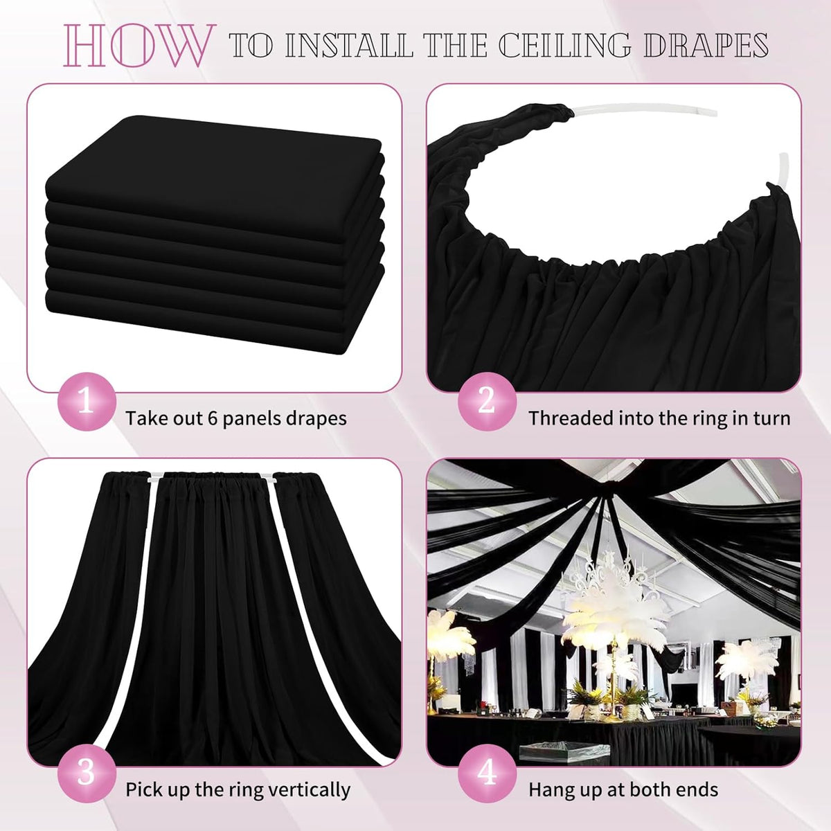 6 Panels Black Ceiling Drapes for Wedding 5ftx40ft Sheer Drapery Chiffon Fabric Arch Draping