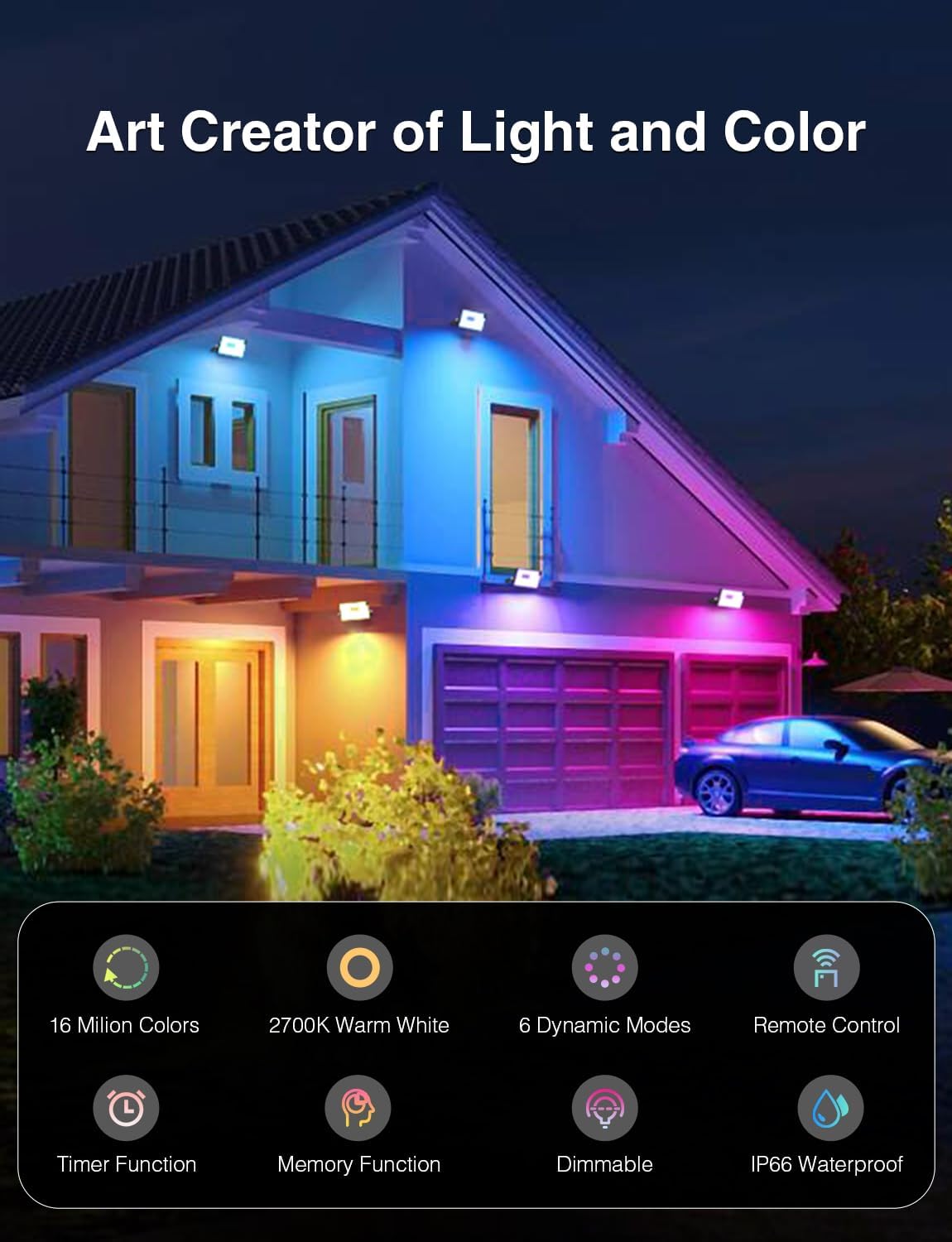 Onforu 6 Pack RGB LED Flood Light Outdoor, 50W Color Changing Uplights with Remote, 2700K Warm