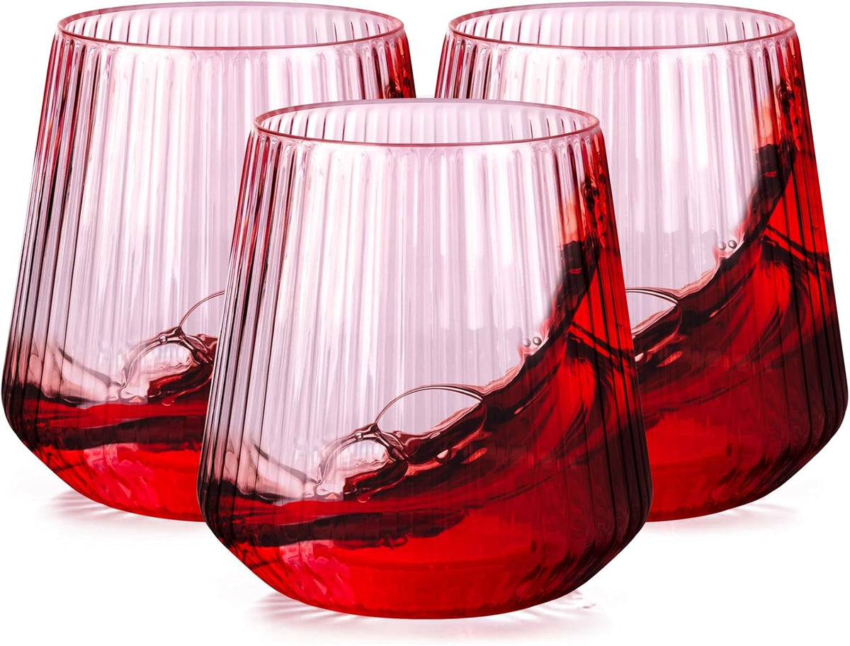 30 Pack Pink Plastic Ribbed Wine Glasses, 14 OZ Origami Stemless Disposable Wine Champagne Whiskey