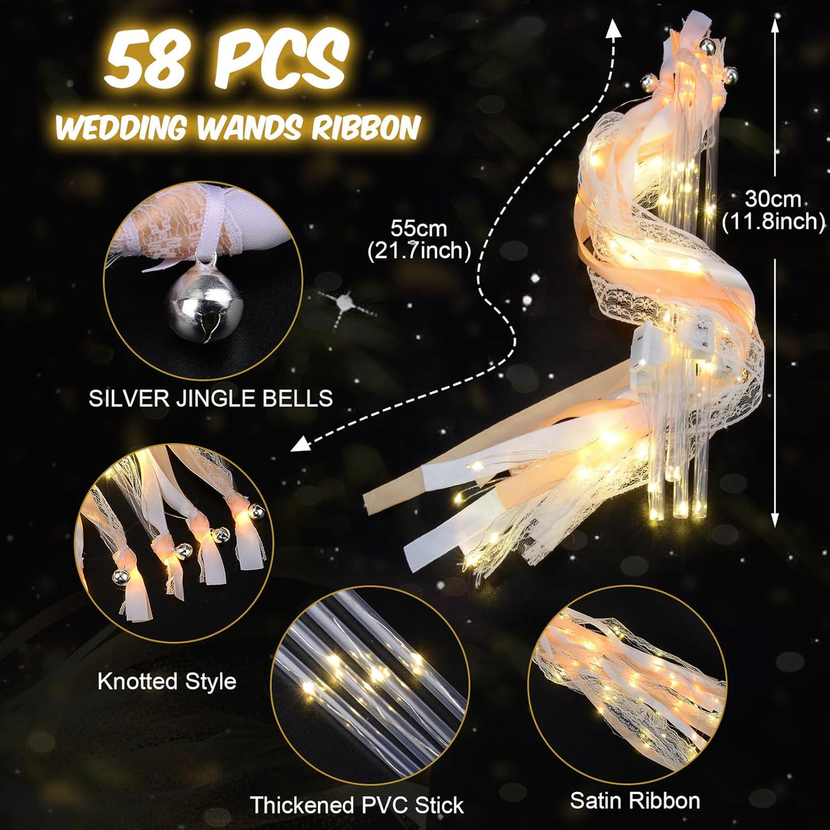 58 PCS Wedding Wands with Lights,Fairy Wands, LED Silk Fairy Wand with Bells for Wedding Send Off