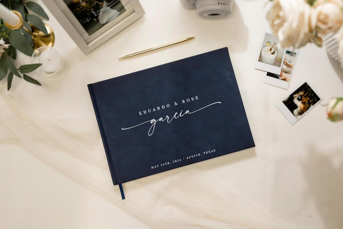 Personalized Guest Book - 11.5" x 8.5" Custom Bride & Groom Names with Bookmark and Hard Cover 140