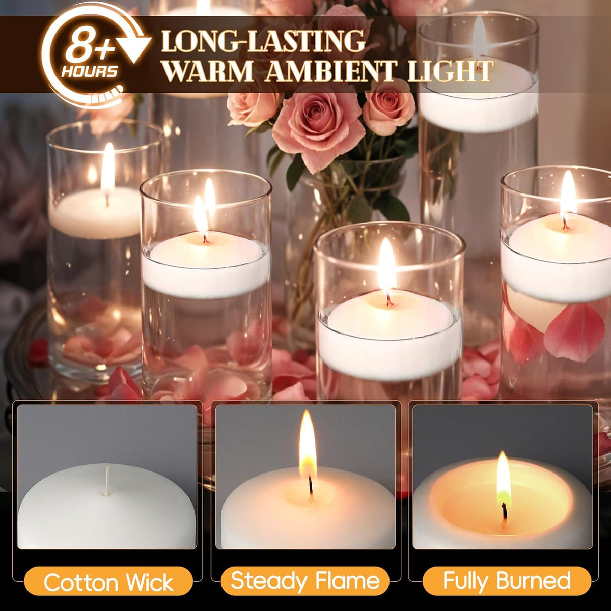 3 inch White Floating Candles, 60 Pack Unscented 3” Floating Candles for Centerpieces,8-9 Hours