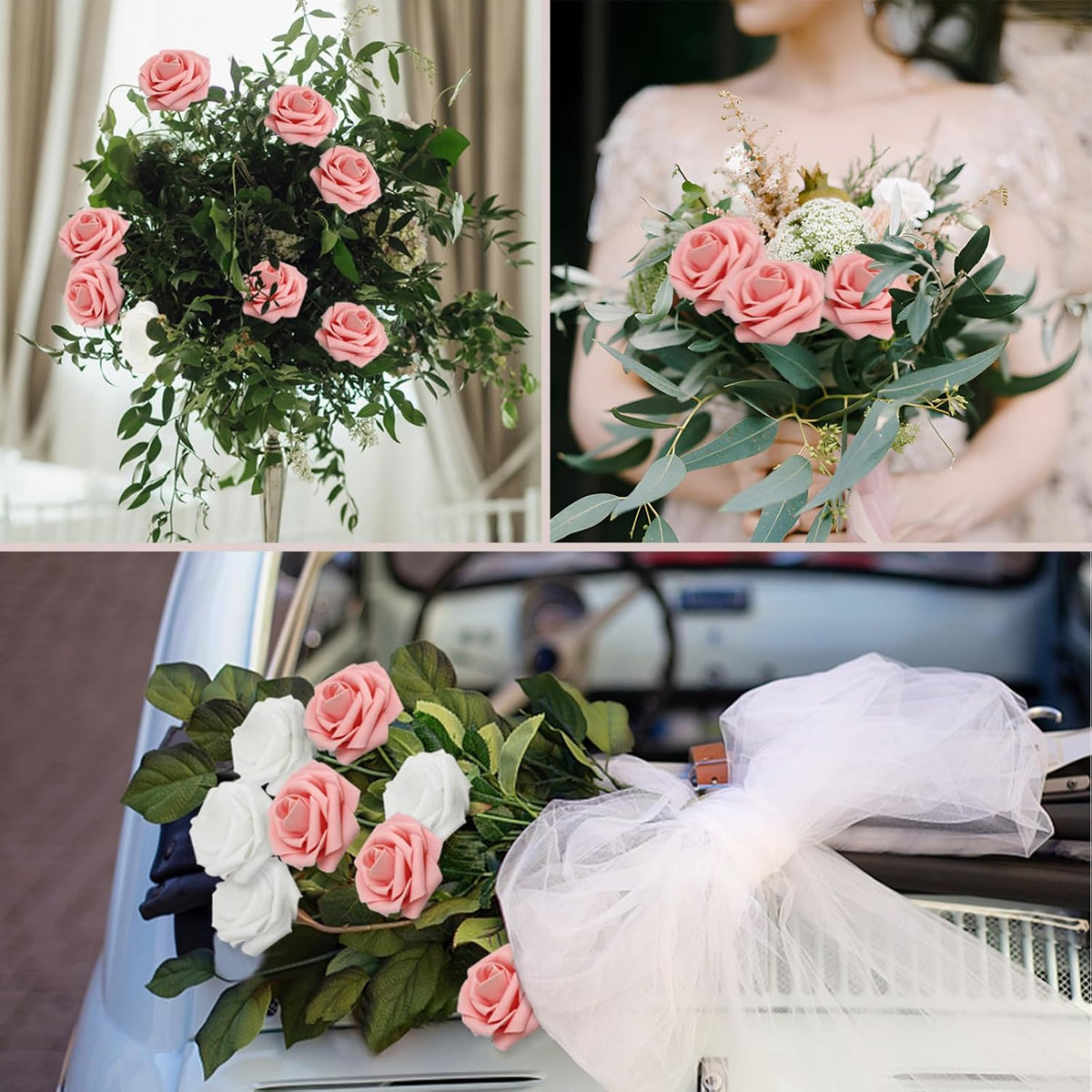 200PCS Artificial Flowers Pink Roses Real Looking Foam Fake Roses with Leaves for DIY Wedding