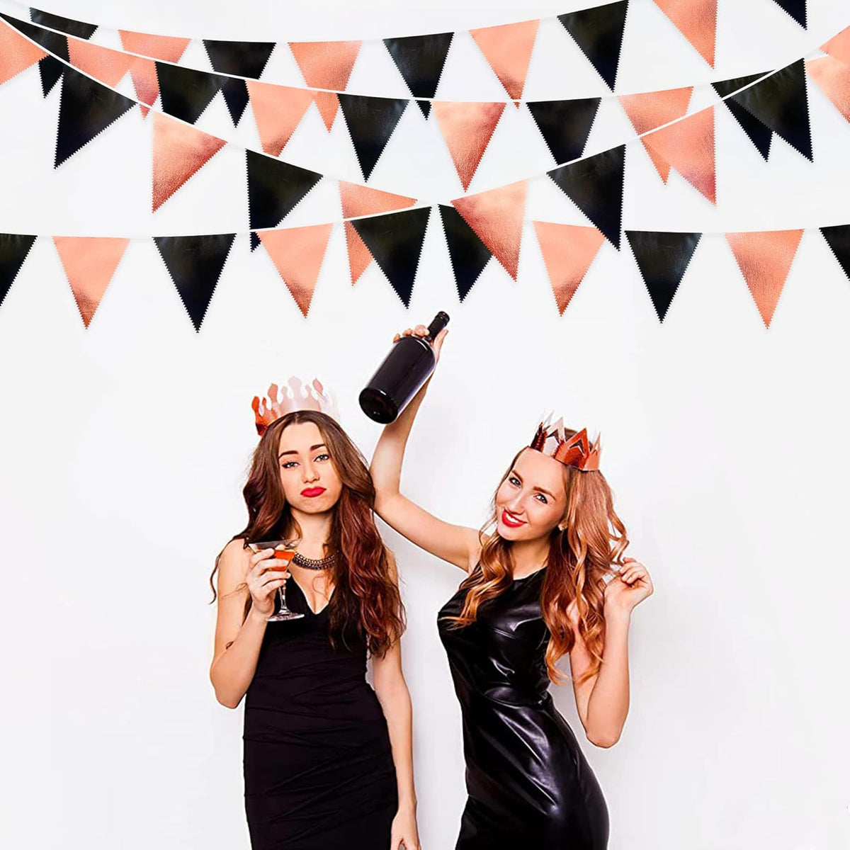 Black Rose Gold Party Decorations Triangle Pennant Banner Flag Rose Gold Black Metallic Fabric