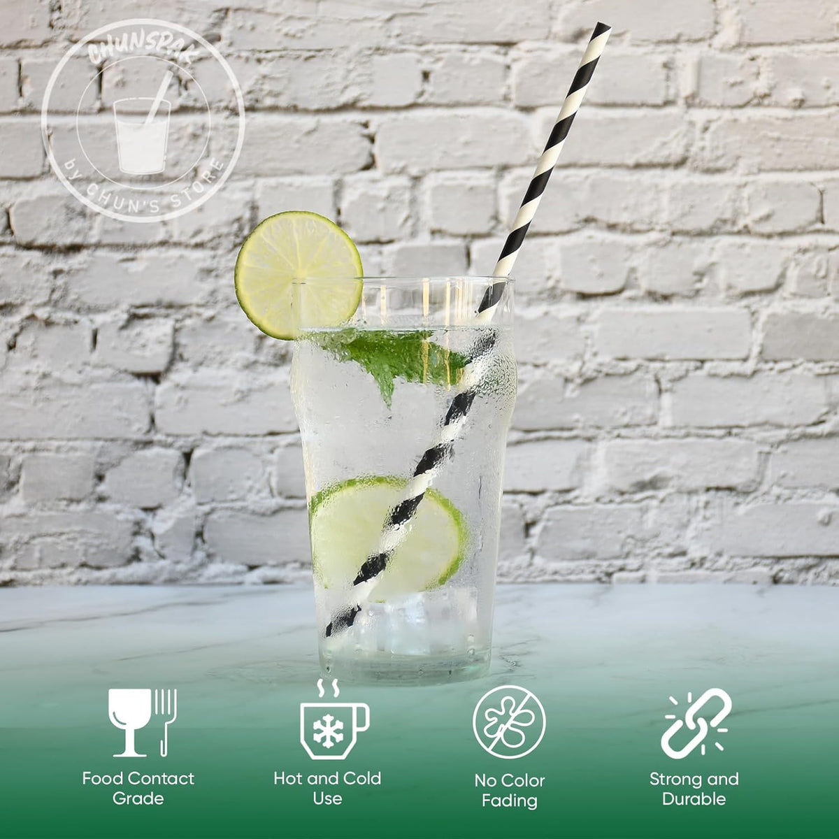 10.25" Long Disposable Paper Drinking Straws, 0.24" Diameter - Black/White Striped, Pack of 100