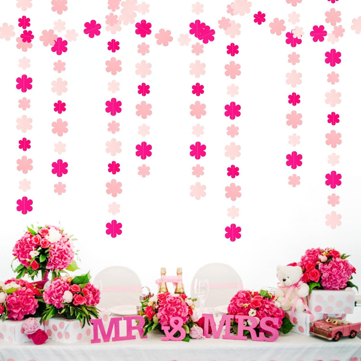 Pink Party-Decorations Streamers-Garland - 52ft Flower Hanging Paper Banner, Birthday Baby Bridal