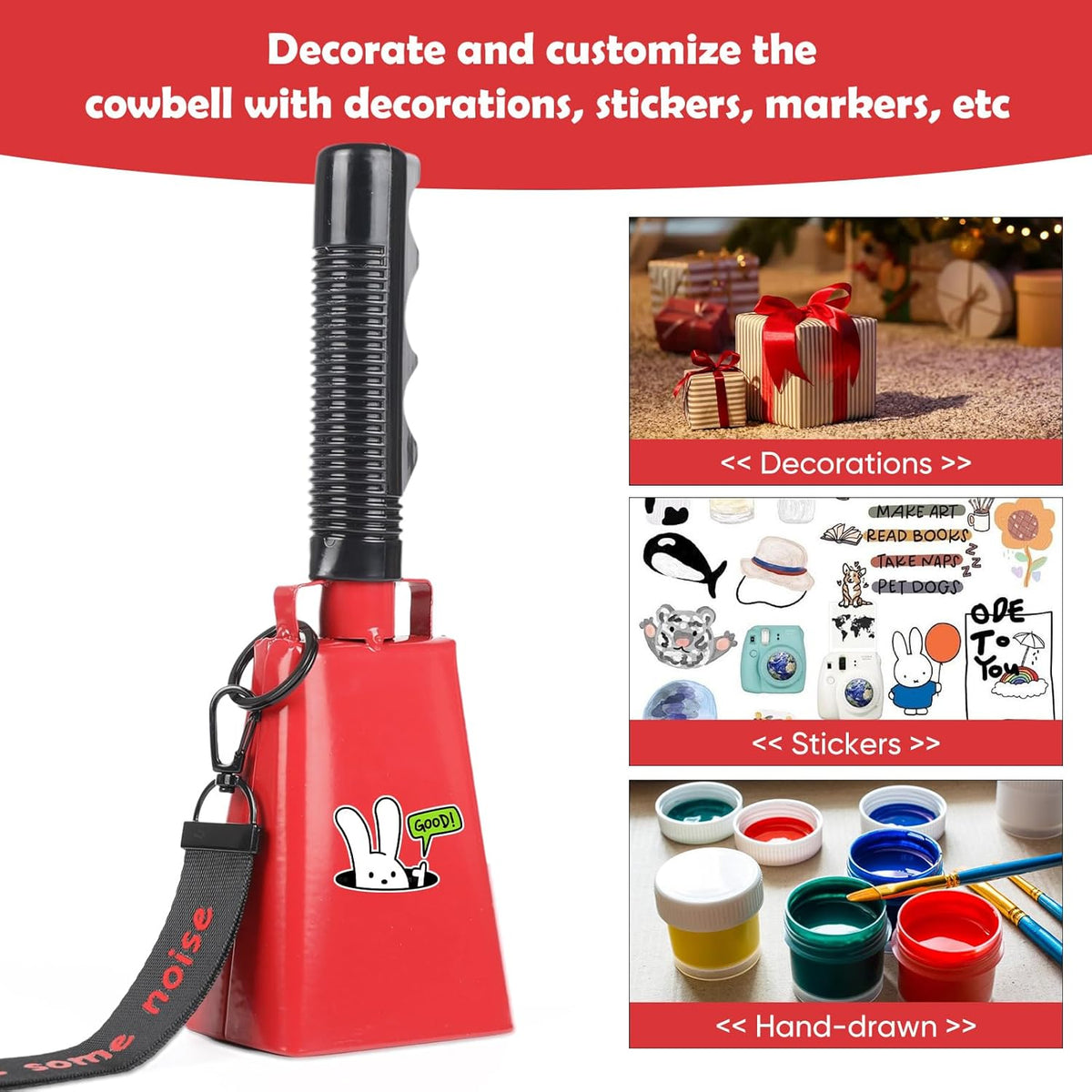 Cow Bells Noise Makers with Handle: Cowbells Hand Percussion for Sporting Events with Wrist Strap