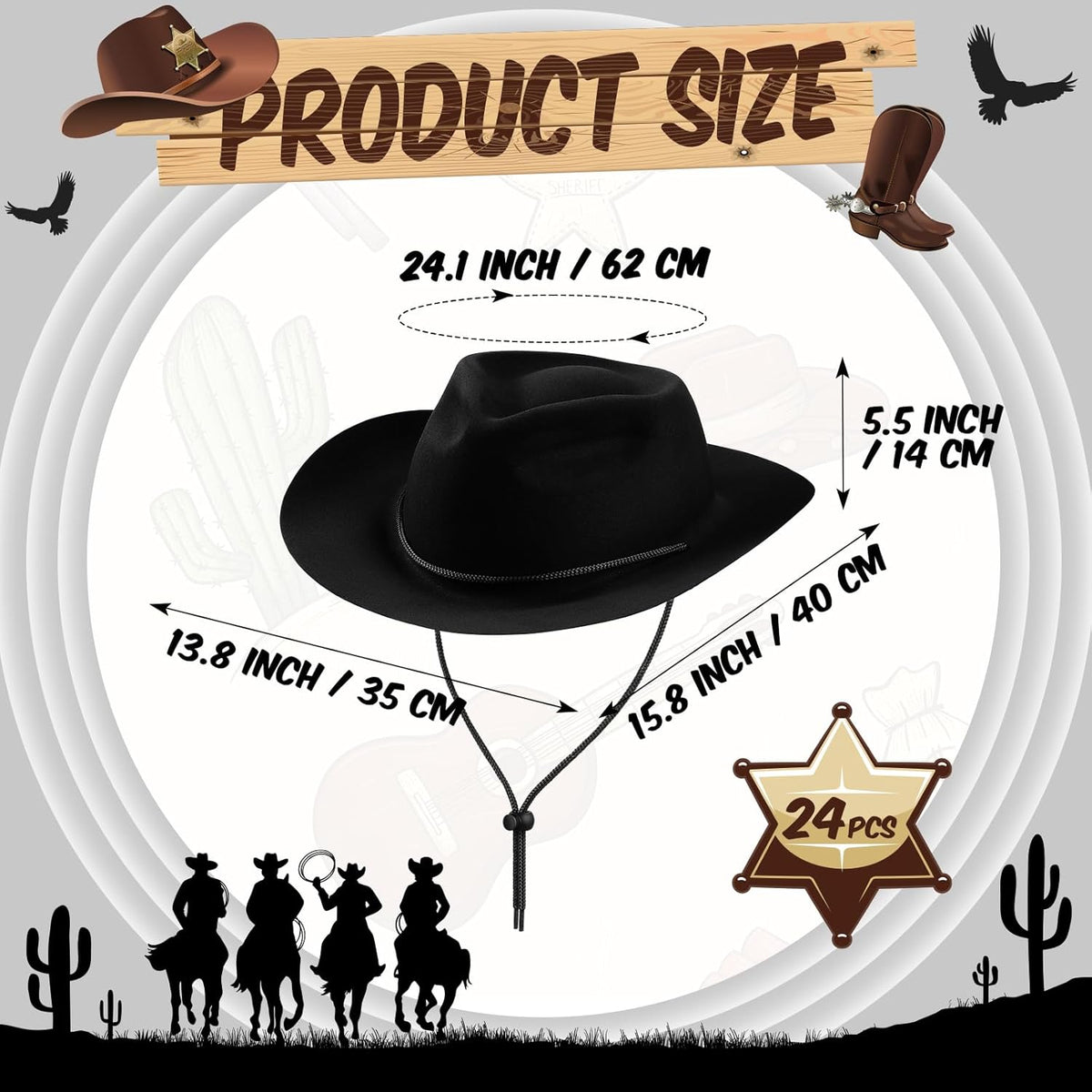 Mepase 24 Pieces Disposable Plastic Western Cowboy Hat Set Felt Wide Brimmed Cowgirl Hats for Men