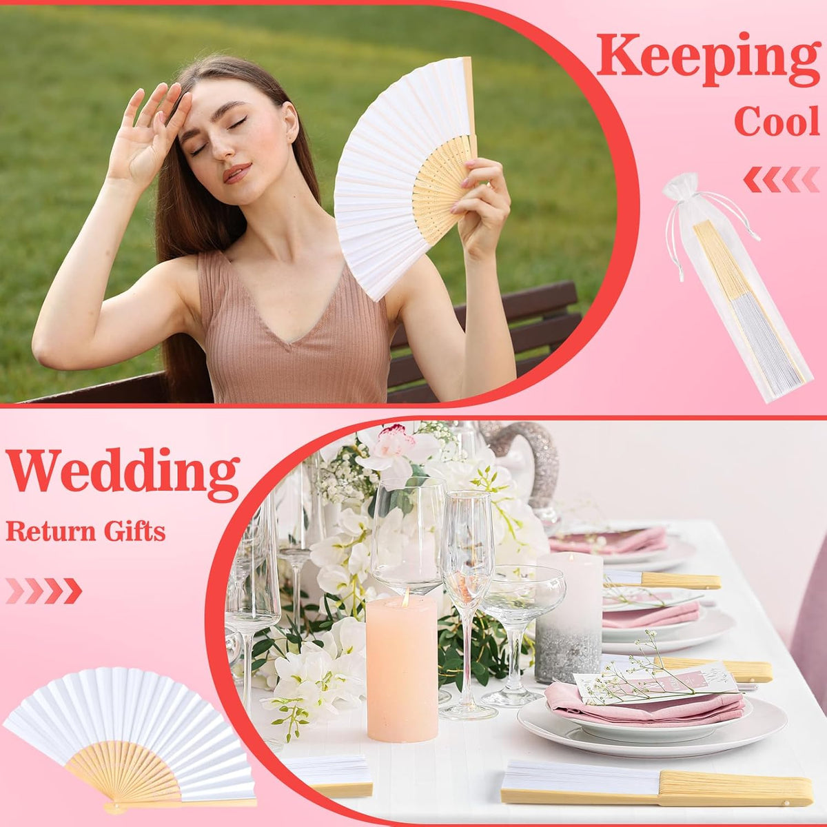 NEBURORA 12Pcs White Handheld Paper Fans 8.3 Inch Hand Held Bamboo Fans Foldable for Wedding