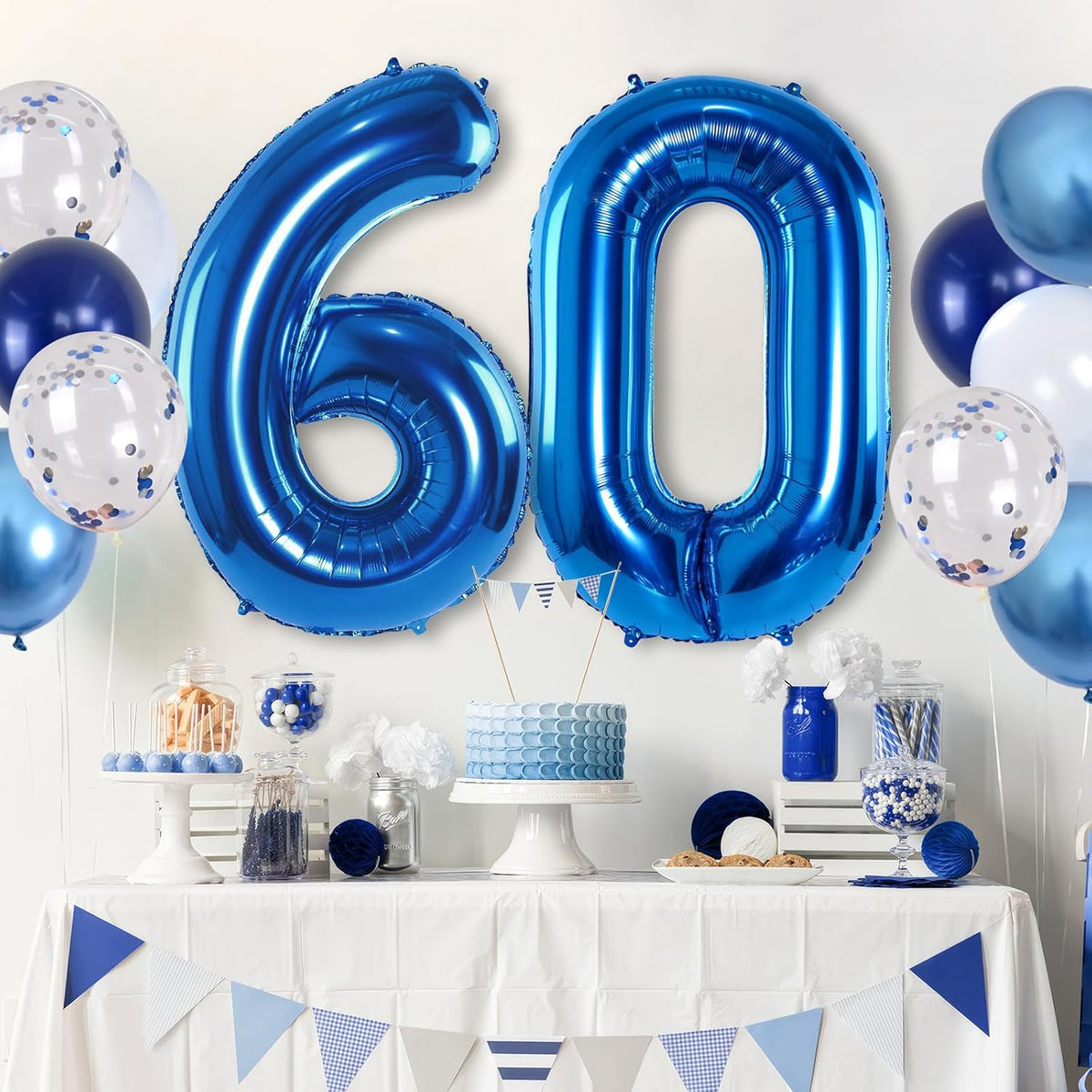 60 Balloon Number Blue, Big Number 60 Balloon Pastel Navy Dark Blue with Metallic Silver Confetti