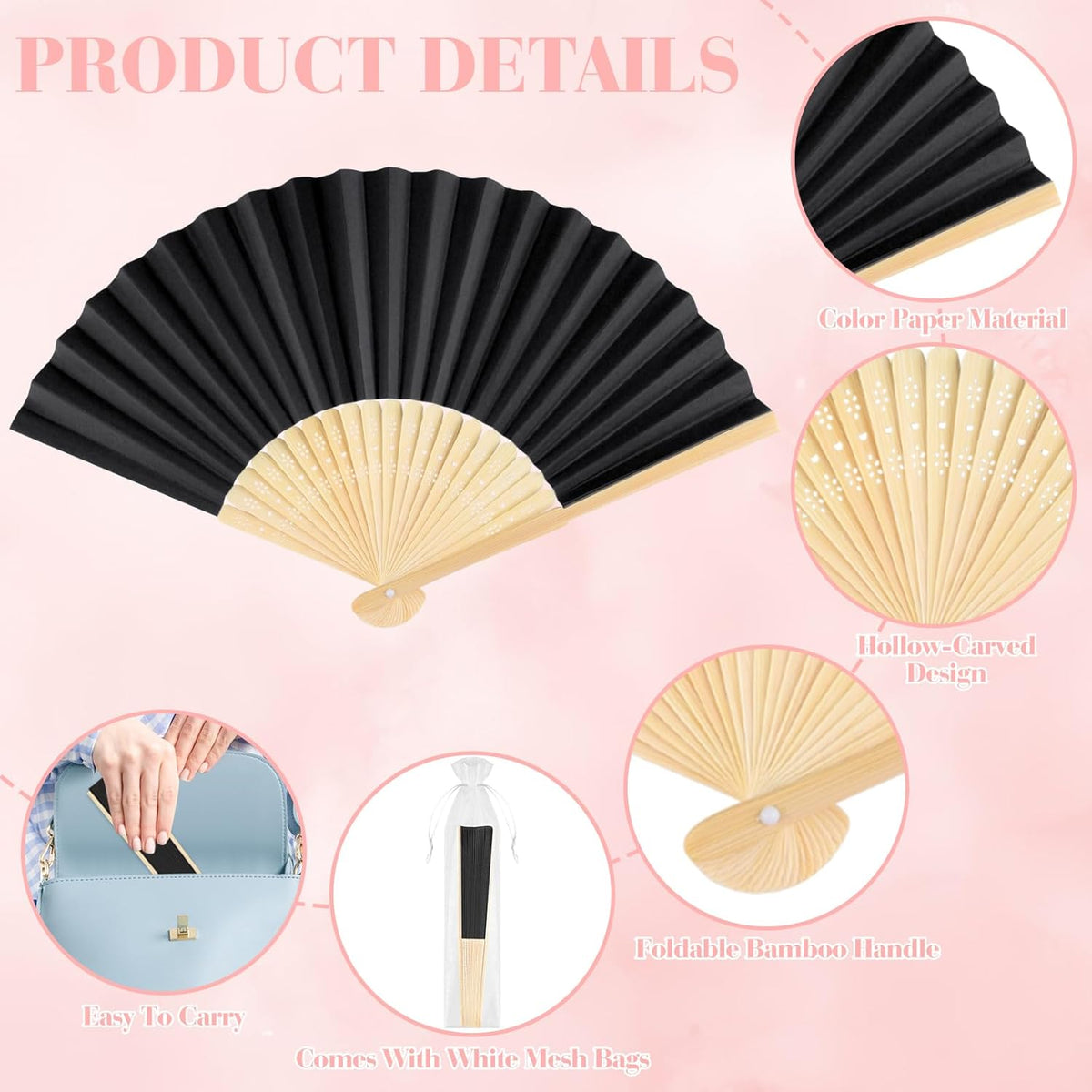 6 Pieces Black Hand Held Bamboo Folding Fans Foldable Paper Fans Handheld for Women Girls Wedding