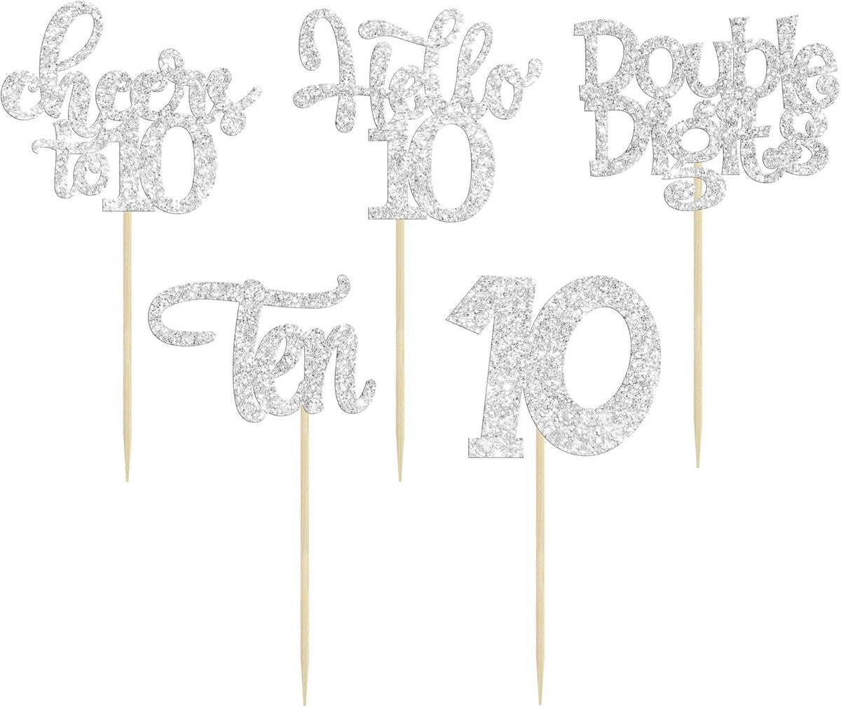 30Pcs 10th Birthday Cupcake Toppers Ten Double Hello 10 Cupcake Picks Cheers to 10 Years Old Cake