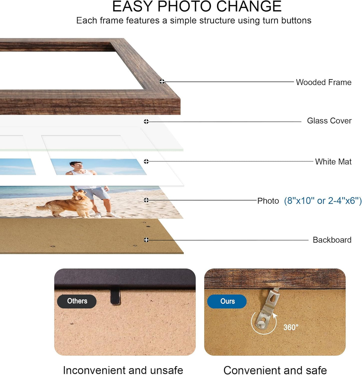 8x10 Picture Frame Set of 2, Rustic Brown Wood Frame with Glass Collage Frame, Display Pictures Two